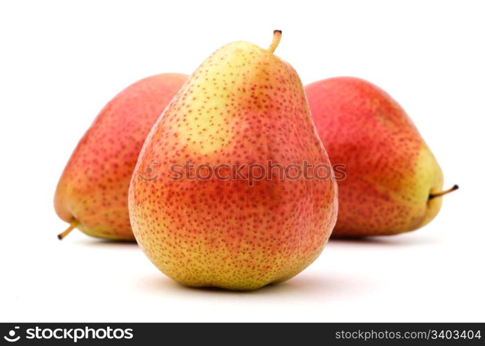 Three pears on a white background. Three pears, arranged in a group, isolated, white background