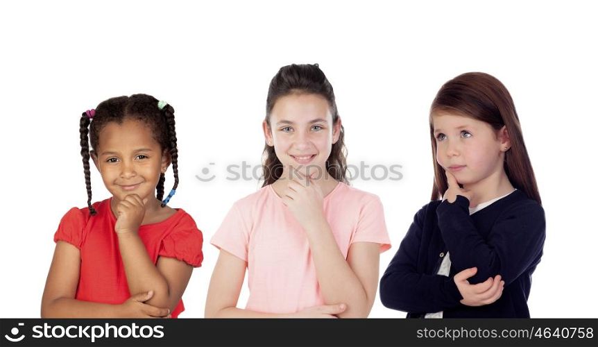 Three pensive children isolated on a white background