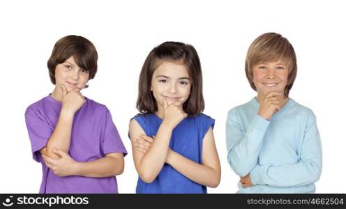 Three pensive children isolated on a white background