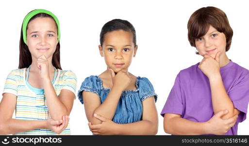 Three pensive children isolated on white background