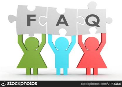 Three people hold FAQ puzzle in a line image with hi-res rendered artwork that could be used for any graphic design.