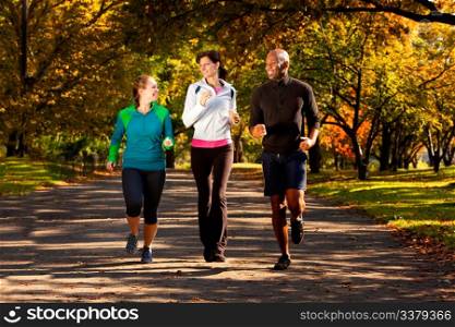 Three people jogging in the park on a beautiful fall day
