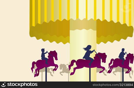 Three people riding on carousel horses