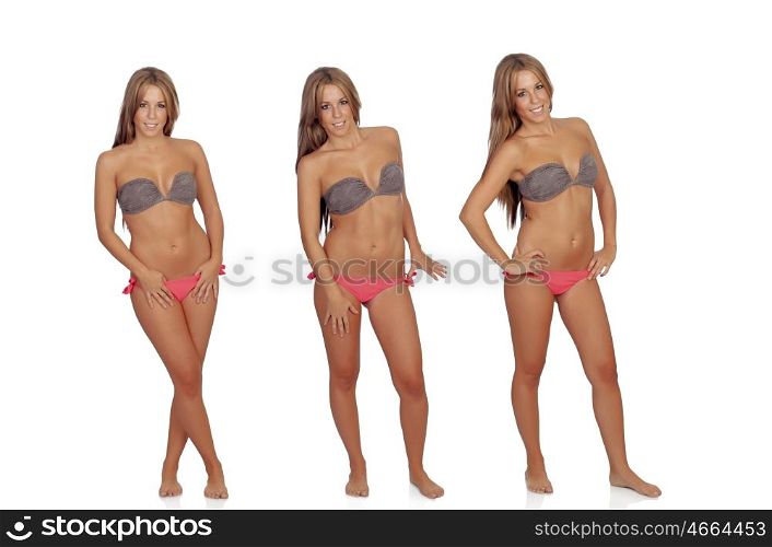 Three photos of a pretty woman in bikini isolated on white background