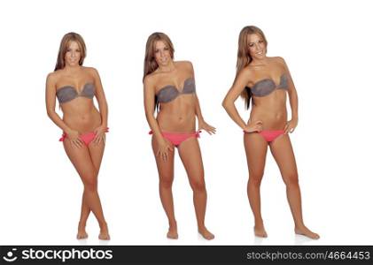 Three photos of a pretty woman in bikini isolated on white background