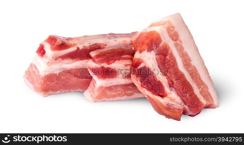 Three pieces of bacon on top view isolated on white background