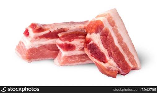 Three pieces of bacon on top view isolated on white background