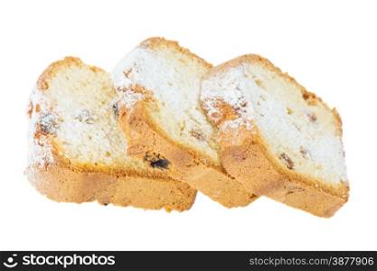 Three pieces of butter cake with raisins, sprinkled with powdered sugar, isolated on white background