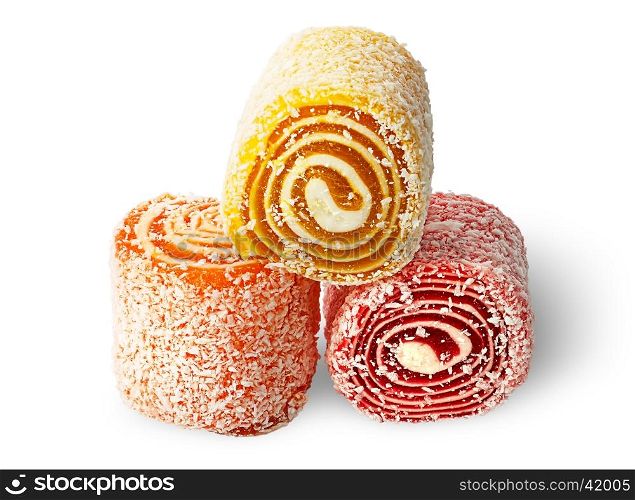 Three pieces of Turkish Delight on each other isolated on white background