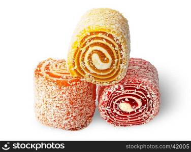 Three pieces of Turkish Delight on each other isolated on white background