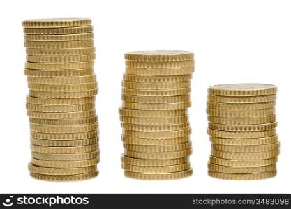 Three piles of money isolated on white