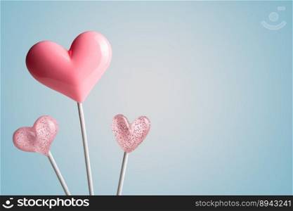 three Pink Valentine&rsquo;s day heart shape lollipop candy on empty pastel grey and blue background. Love Concept. Minimalism colorful style. with copy space. three Pink Valentine&rsquo;s day heart shape lollipop candy on empty pastel paper background. Love Concept