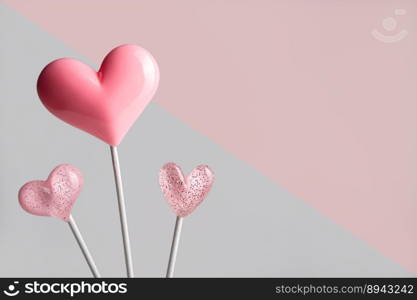 three Pink Valentine&rsquo;s day heart shape lollipop candy on empty pastel grey and pink background. Love Concept. Minimalism colorful style. with copy space. three Pink Valentine&rsquo;s day heart shape lollipop candy on empty pastel paper background. Love Concept