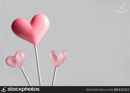 three Pink Valentine’s day heart shape lollipop candy on empty pastel grey background. Love Concept. Minimalism colorful style. with copy space. three Pink Valentine’s day heart shape lollipop candy on empty pastel paper background. Love Concept