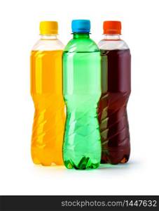 Three plastic bottles of soft drink isolated on white with clipping path