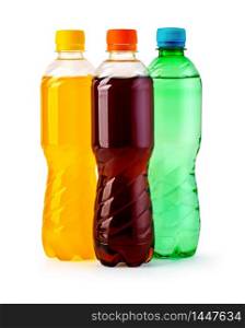 Three plastic bottles of soft drink isolated on white with clipping path