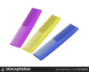 Three plastic hair combs with different colors
