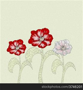 Three poppy flower with the effect of oil paints, floral background