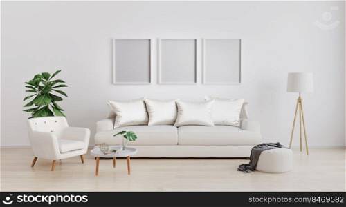 Three poster blank frames in Stylish interior of bright living room with white sofa and armchair, floor lamp, plant and coffee table with decoration. Living room interior mockup. 3d rendering