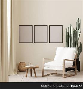 Three poster frames mock up in boho style interior background with white armchair and coffee table near window ,beige wall, 3d render