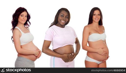 Three pregnant woman waiting isolated on a white background