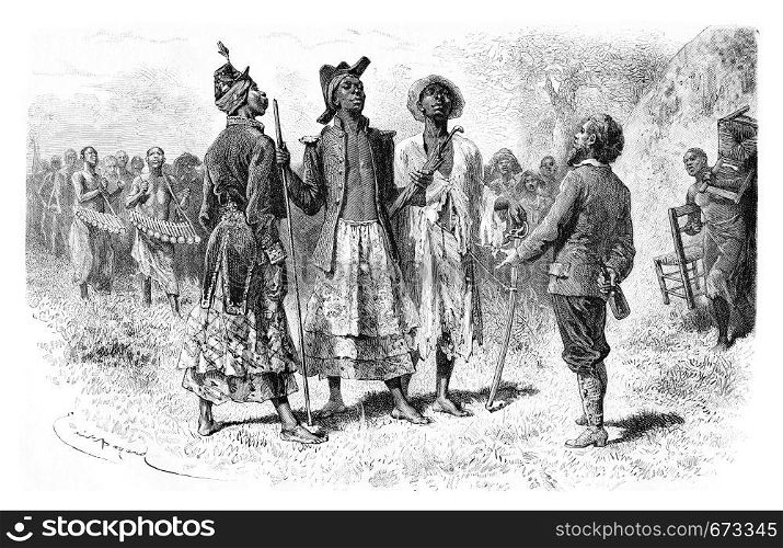 Three Princes of Dombe of the Mandombe Tribe in Congo, Central Africa, drawing by Bayard based on a sketch by Serpa Pinto, vintage engraved illustration. Le Tour du Monde, Travel Journal, 1881