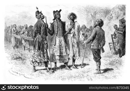 Three Princes of Dombe of the Mandombe Tribe in Congo, Central Africa, drawing by Bayard based on a sketch by Serpa Pinto, vintage engraved illustration. Le Tour du Monde, Travel Journal, 1881