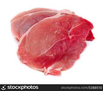 Three raw fresh juicy pork steaks isolated on white