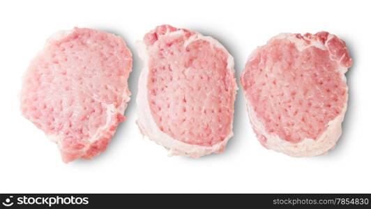 Three Raw Pork Schnitzels Isolated On White Background
