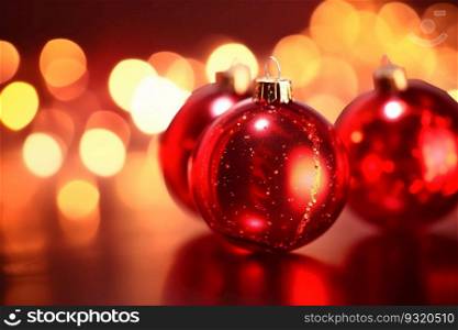 Three red Christmas balls with bokeh background, generative ai