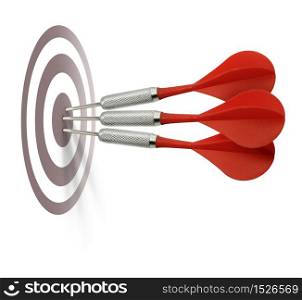 Three red darts hitting target center bulleye isolated