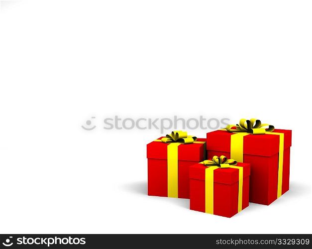 three red gift boxes with yellow ribbon and bow isolated on white