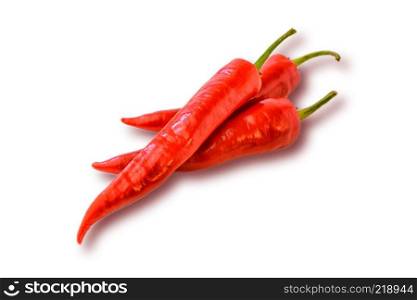 Three red hot chilly pepper on the white background. Fresh spice