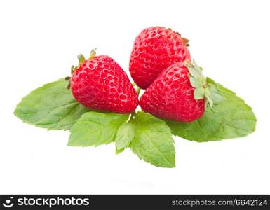 three red raw strawberry isolated on white background
