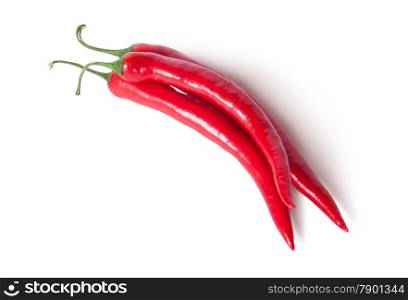 Three red ripe juicy hot chili peppers top view isolated on white background