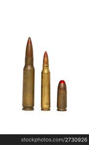 Three red-tipped tracer cartridges of various calibers isolated