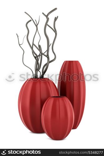 three red vases with dry wood isolated on white background