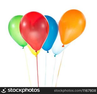 Three red, yellow an blue helium balloons for birthday and celebrations isolated on white background. Colorful balloons for birthday and celebrations isolated on white background