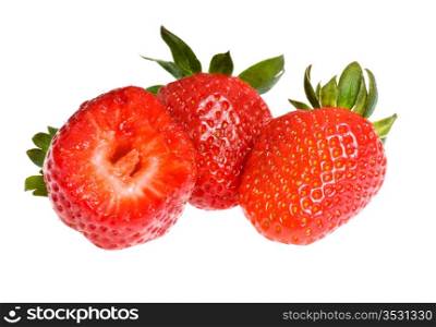three ripe strawberry isolated on white background