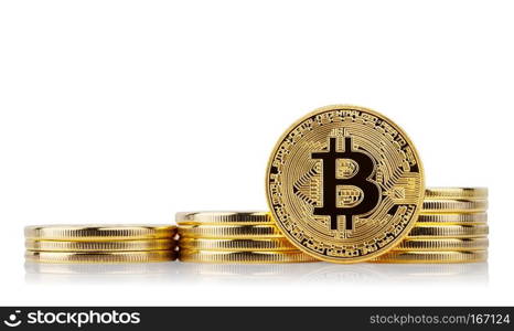 Three rising stacks and gold bitcoin face standing isolated on a white background. The concept of virtual international currency and business on the Internet.. Three rising stacks and gold bitcoin face standing