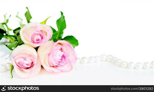 Three roses in drops of dew on a white background with space for text