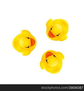 three rubber yellow ducks isolated on white