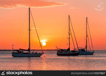 Three sailing boats together on sea at setting sun