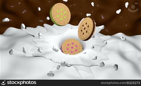 Three sandwich cookies with chocolate cream, strawberry and lemon splashing on a surface of milk against a background of liquid chocolate. 3D Illustration. Three sandwich cookies with chocolate cream, strawberry and lemon splashing on a surface of milk. 3D Illustration