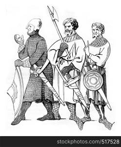 Three sergeants to after a miniature of the fourteenth century, vintage engraved illustration. Magasin Pittoresque 1845.