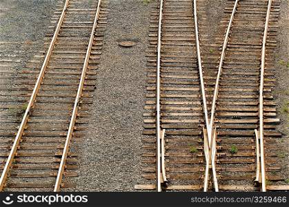 Three sets of parallel train tracks.