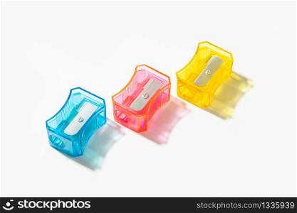 Three Sharpener isolated on white background. Copy space for text. Back to school concept