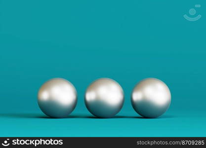 Three silver Christmas tree bauble isolated on a blue background. 3d illustration