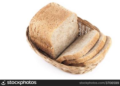 three slices of bread in basket on white background