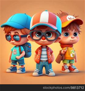 Three small boys on a colorful background, funny cartoon character, school kid 3d. Generative AI
